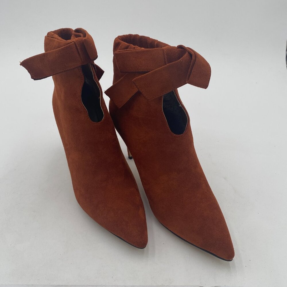 XYD Brown Pointy Toe Ankle Booties Dress Mid Heels Graceful Cute Bow Boot - Picture 4 of 8